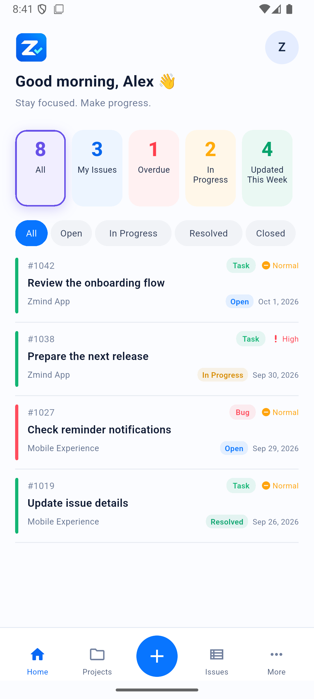 Zmind dashboard showing issues and status filters